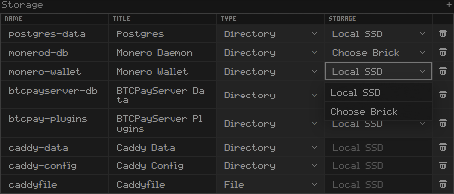 The Storage table listing five data volumes with Local SSD or Choose Brick dropdowns, plus three Caddy rows fixed to Local SSD